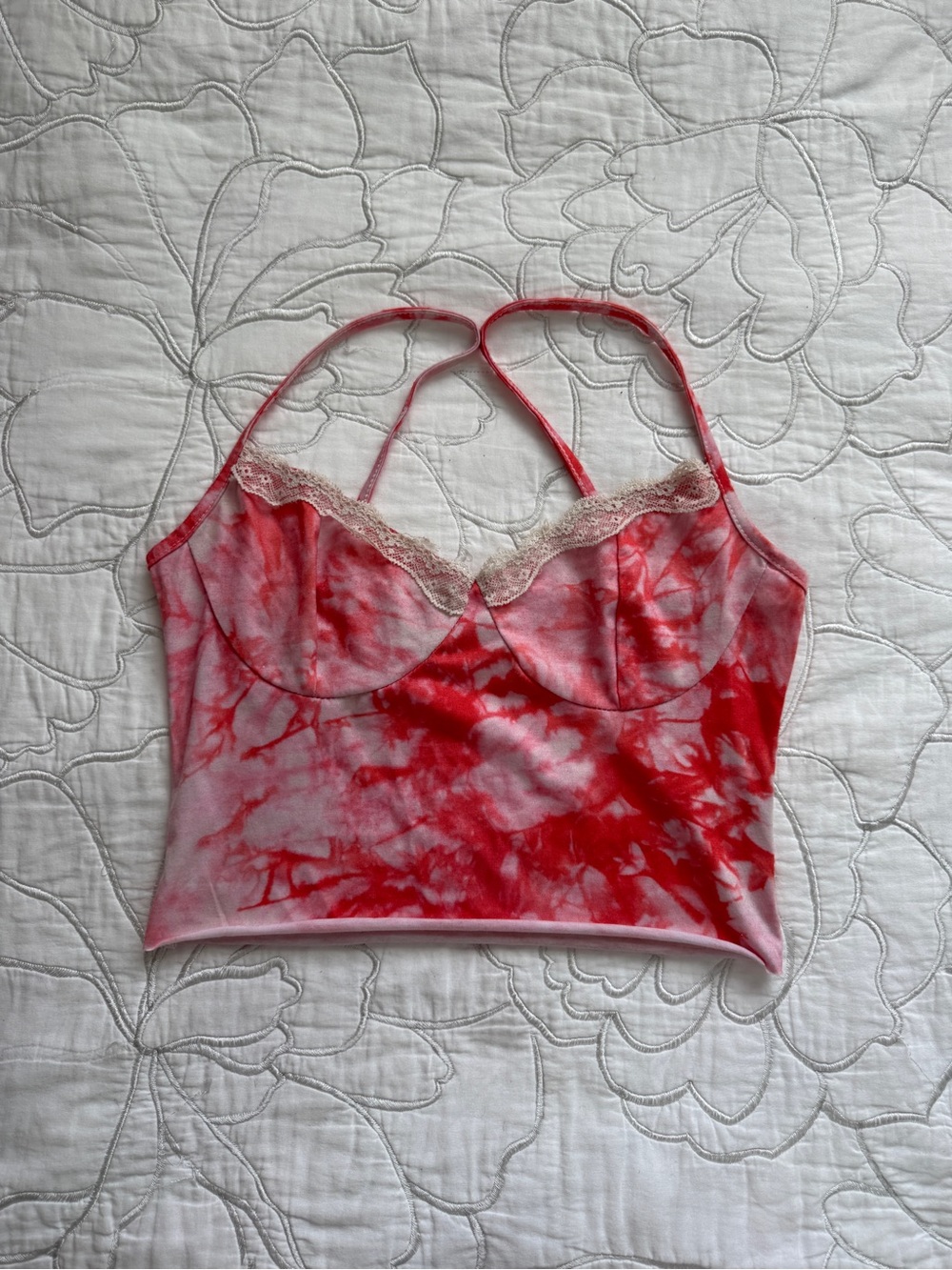 Amazon Red and Light Pink Tie-Dye Lace-Trim Crop Cami